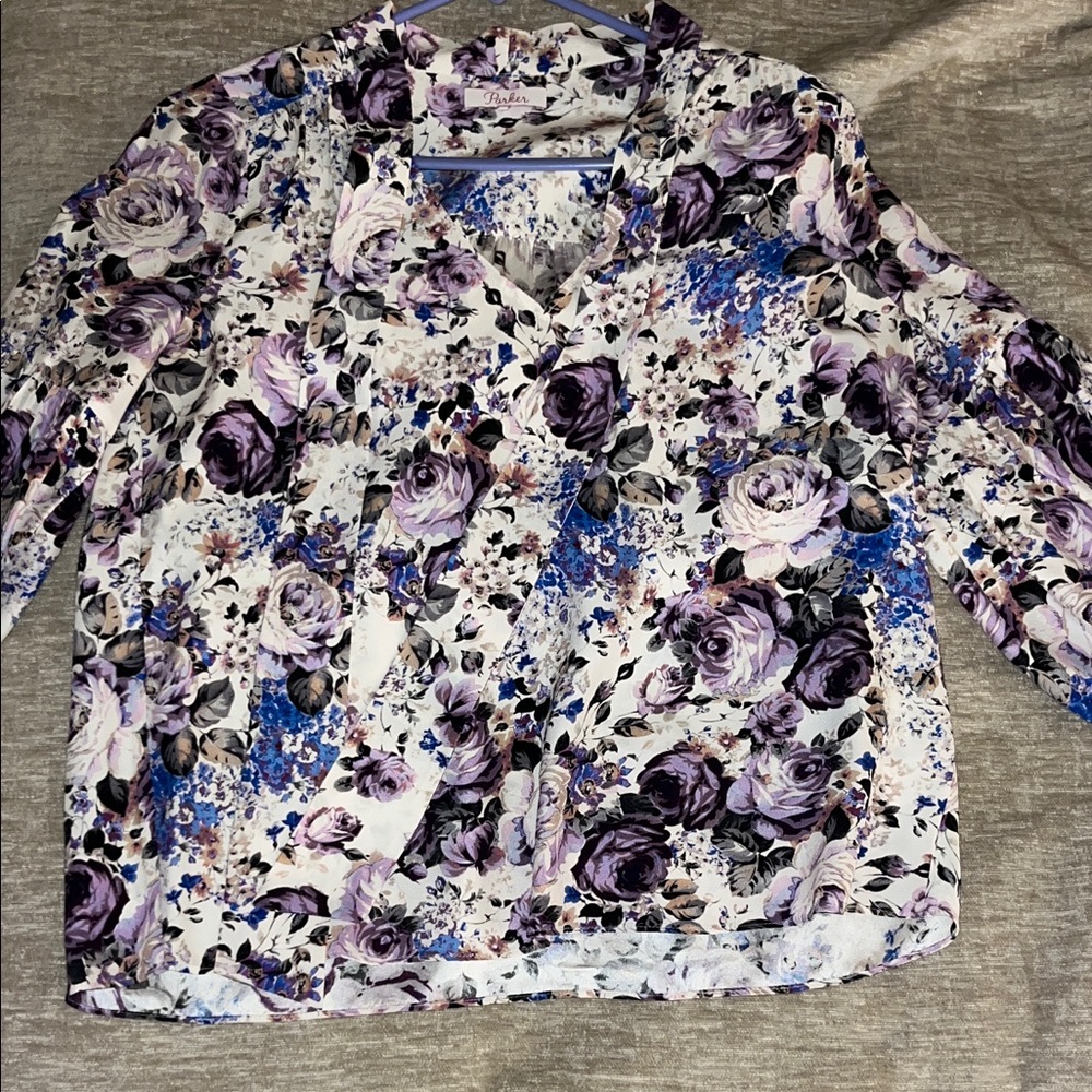 100% Silk Women's blouse- Purple and White